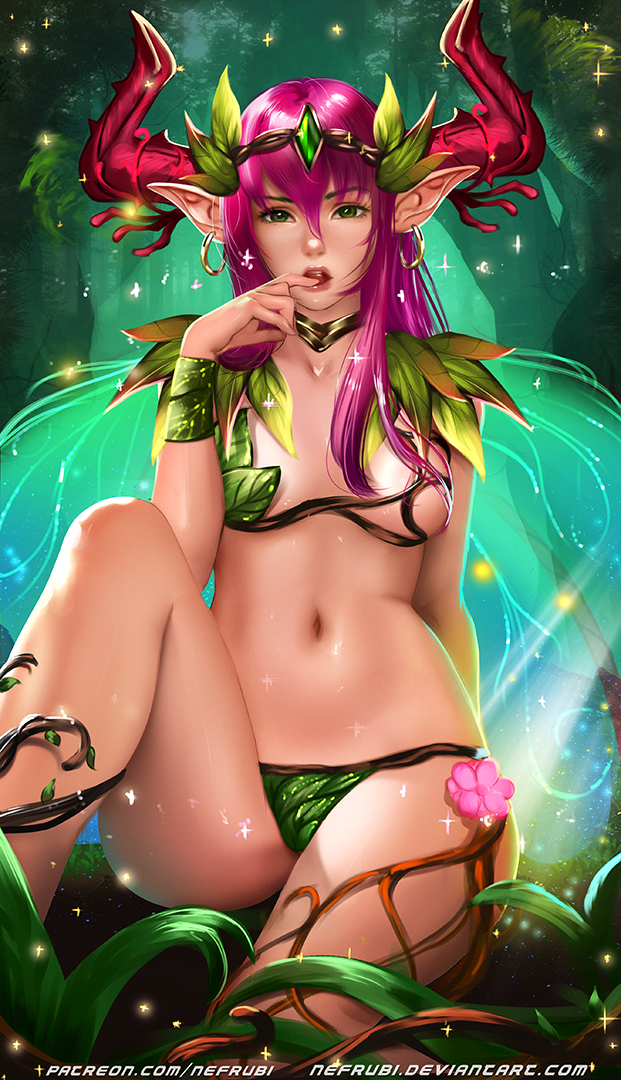1girl bare_shoulders bikini breasts choker circlet earrings fairy_wings finger_to_mouth green_eyes hoop_earrings horns jewelry lips long_hair looking_at_viewer medium_breasts navel nefrubi open_mouth original pink_hair pointy_ears revealing_clothes sitting solo swimsuit wings