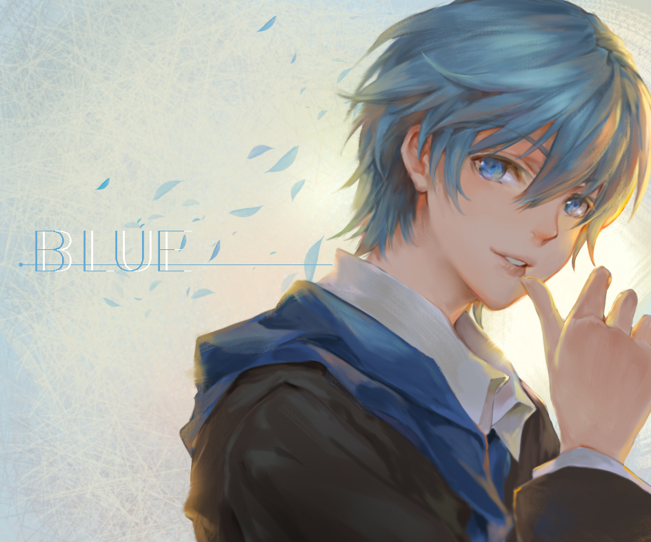 1boy bangs blue_eyes blue_hair brown_jacket collared_shirt commentary_request english hair_between_eyes hand_up jacket long_sleeves looking_at_viewer male_focus original parted_lips petals shangguan_feiying shirt smile solo upper_body white_shirt wing_collar