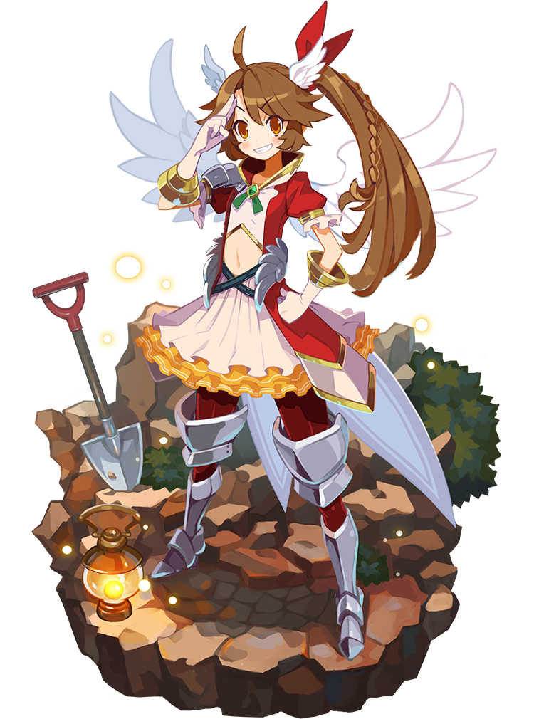 1girl ahoge armor armored_dress braid brooch brown_eyes brown_hair faux_figurine full_body gloves greaves grin hand_on_hip harada_takehito head_wings hildr_(yurudorashiru) jewelry lantern long_hair looking_at_viewer makai_wars official_art pantyhose red_legwear shovel side_ponytail skirt smile solo standing white_gloves white_skirt white_wings wings yurudorashiru