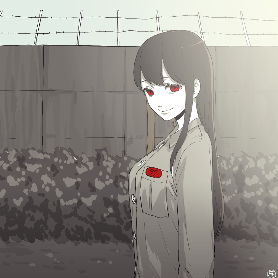 1girl akagi_(kantai_collection) alternate_costume barbed_wire breast_pocket breasts bush buttons closed_mouth clothes_writing collared_shirt hair_over_shoulder kantai_collection long_hair long_sleeves looking_at_viewer monochrome outdoors pocket prisoner red_eyes shirt signature smile solo spot_color upper_body wall zabuton_dorobou