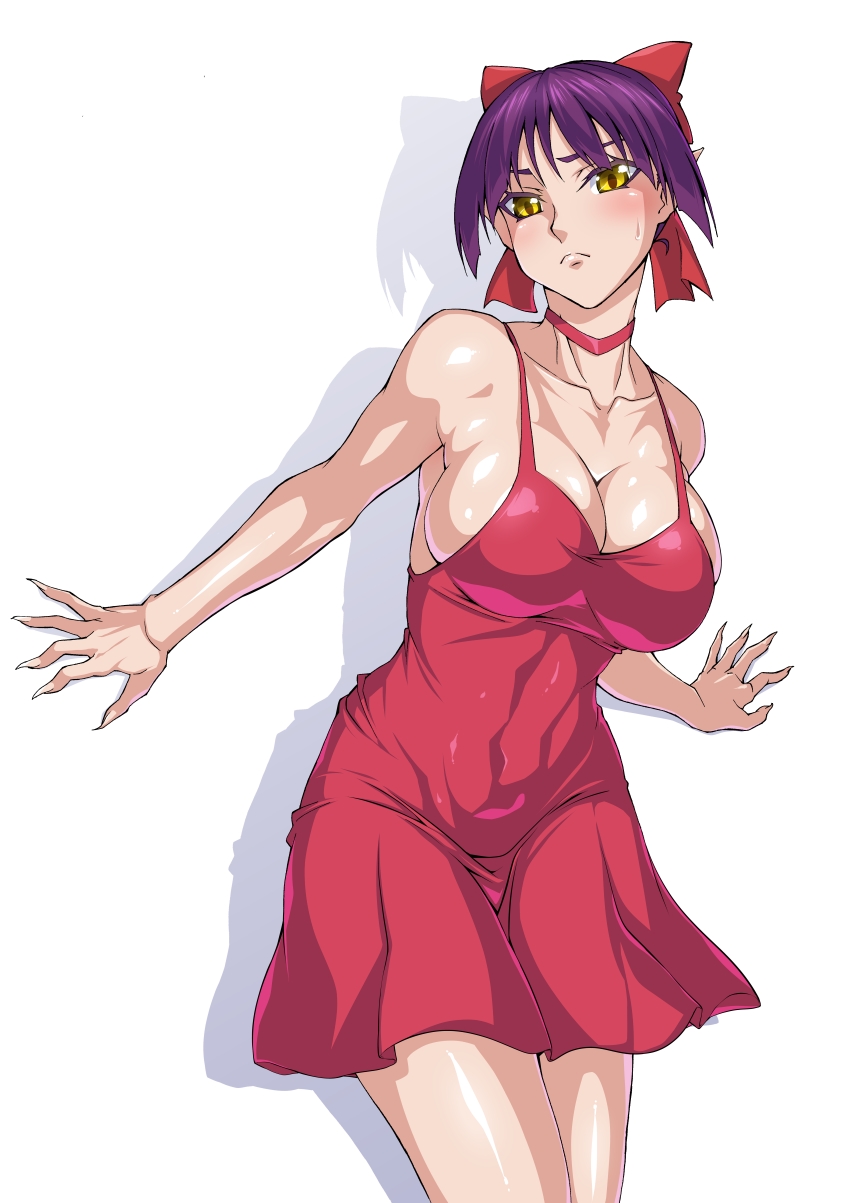 1girl alternate_breast_size bangs bare_arms bare_shoulders blush bow breasts cat_girl choker cleavage closed_mouth collarbone commentary_request covered_navel dress fingernails gegege_no_kitarou hair_bow head_tilt highres impossible_clothes impossible_dress large_breasts legs_together long_fingernails looking_at_viewer nekomusume nekomusume_(gegege_no_kitarou_6) nib_pen_(medium) outstretched_arm ozaneko pointy_ears purple_hair red_bow red_choker red_dress shadow sharp_fingernails shiny shiny_skin short_hair simple_background sleeveless sleeveless_dress solo spaghetti_strap standing taut_clothes taut_dress traditional_media white_background yellow_eyes