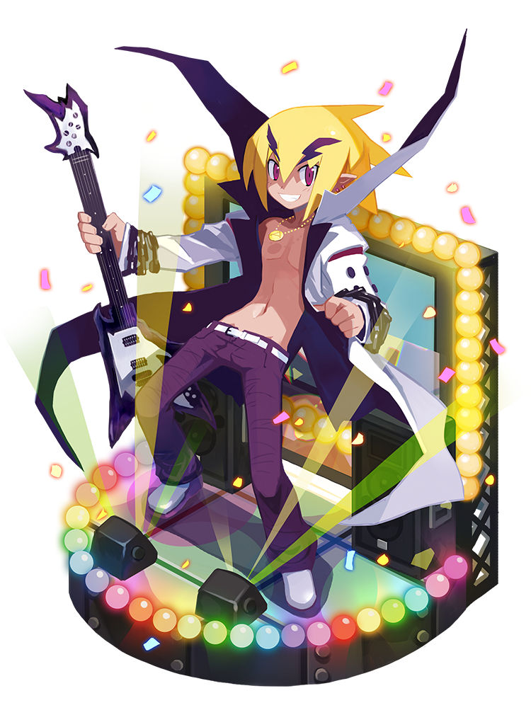 1boy akutare_(disgaea) bare_chest blonde_hair disgaea faux_figurine full_body grin guitar harada_takehito holding holding_instrument instrument jewelry looking_at_viewer makai_senki_disgaea_2 makai_wars male_focus necklace official_art pants pointy_ears popped_collar purple_pants rainbow_order shoes smile solo standing violet_eyes white_coat