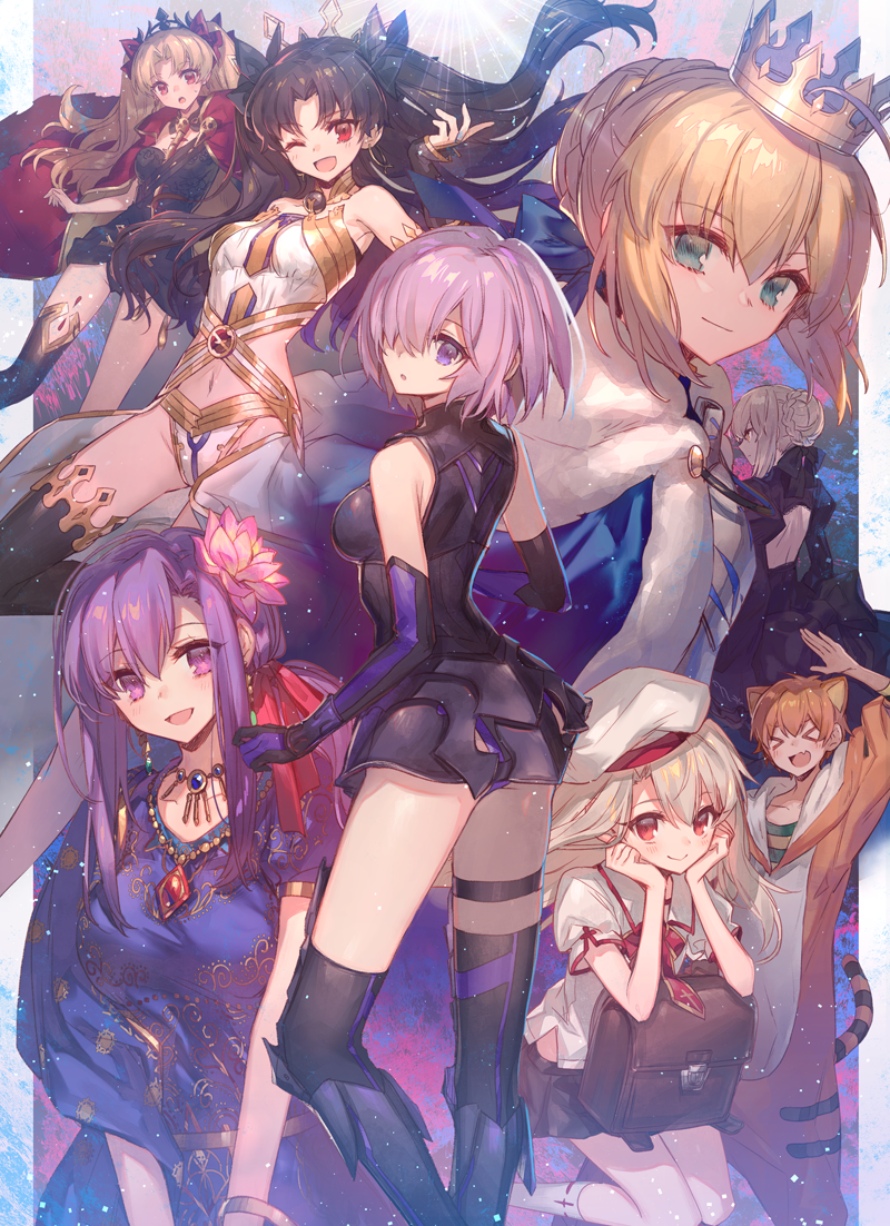 &gt;_&lt; 6+girls ;d albino artoria_pendragon_(all) bag bangs black_gloves black_hair black_legwear black_skirt blonde_hair brown_hair cape character_request chocoan closed_mouth crown elbow_gloves ereshkigal_(fate/grand_order) fate/grand_order fate/kaleid_liner_prisma_illya fate/stay_night fate_(series) flower fujimura_taiga gloves green_eyes hair_bun hair_flower hair_ornament hair_over_one_eye hat illyasviel_von_einzbern ishtar_(fate/grand_order) jaguarman_(fate/grand_order) lavender_hair looking_at_viewer mash_kyrielight matou_sakura multiple_girls navel one_eye_closed open_mouth parted_bangs parvati_(fate/grand_order) purple_hair red_eyes saber saber_alter school_uniform short_hair single_thighhigh skirt smile tail thigh-highs tiger_tail tohsaka_rin two_side_up violet_eyes white_hair