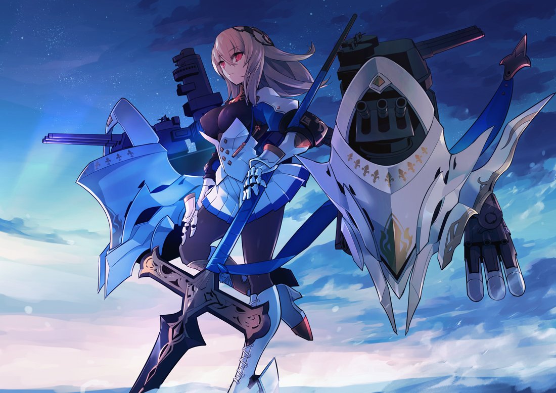 1girl azur_lane bodysuit boots cannon chingisu commentary_request cross-laced_footwear erect_nipples fleur_de_lis gauntlets grey_hair knee_boots long_hair pleated_skirt polearm red_eyes rigging saint-louis_(azur_lane) skirt solo spear standing standing_on_one_leg torpedo_tubes turret weapon