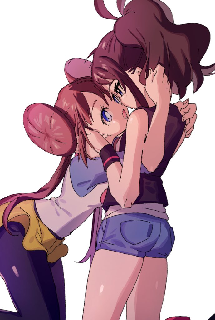 2girls ankea_(a-ramo-do) ass bangs bent_over black_legwear black_wristband blue_eyes breasts brown_hair cutoffs denim denim_shorts double_bun eye_contact hand_on_another's_head holding hug kneeling long_hair long_sleeves looking_at_another mei_(pokemon) mouth multiple_girls open_mouth pokemon pokemon_(game) pokemon_bw pokemon_bw2 ponytail shorts simple_background touko_(pokemon) white_background yellow_shorts yuri