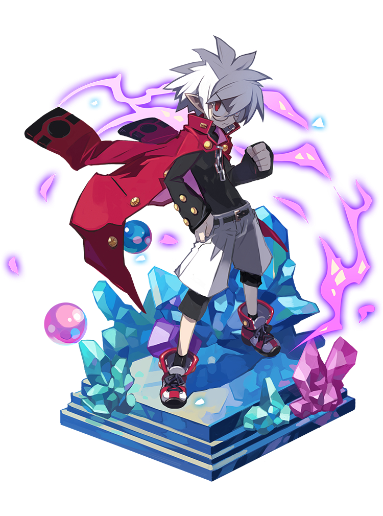 1boy albino black_shirt clenched_hand coat crystal disgaea faux_figurine full_body glasses harada_takehito jacket_on_shoulders looking_at_viewer makai_senki_disgaea_3 makai_wars male_focus mao_(disgaea) official_art pointy_ears red_coat red_eyes shirt shoes shorts solo spiky_hair standing white_hair white_shorts