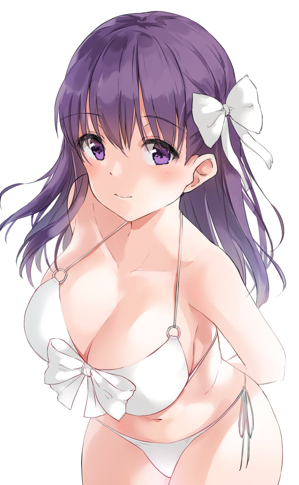 1girl 3: bikini bow breasts cleavage cowboy_shot cute eyebrows_visible_through_hair fate/stay_night fate_(series) from_above hair_bow highres large_breasts long_hair looking_at_viewer matou_sakura minikon navel o-ring o-ring_bikini o-ring_top purple_hair side-tie_bikini simple_background solo swimsuit violet_eyes white_background