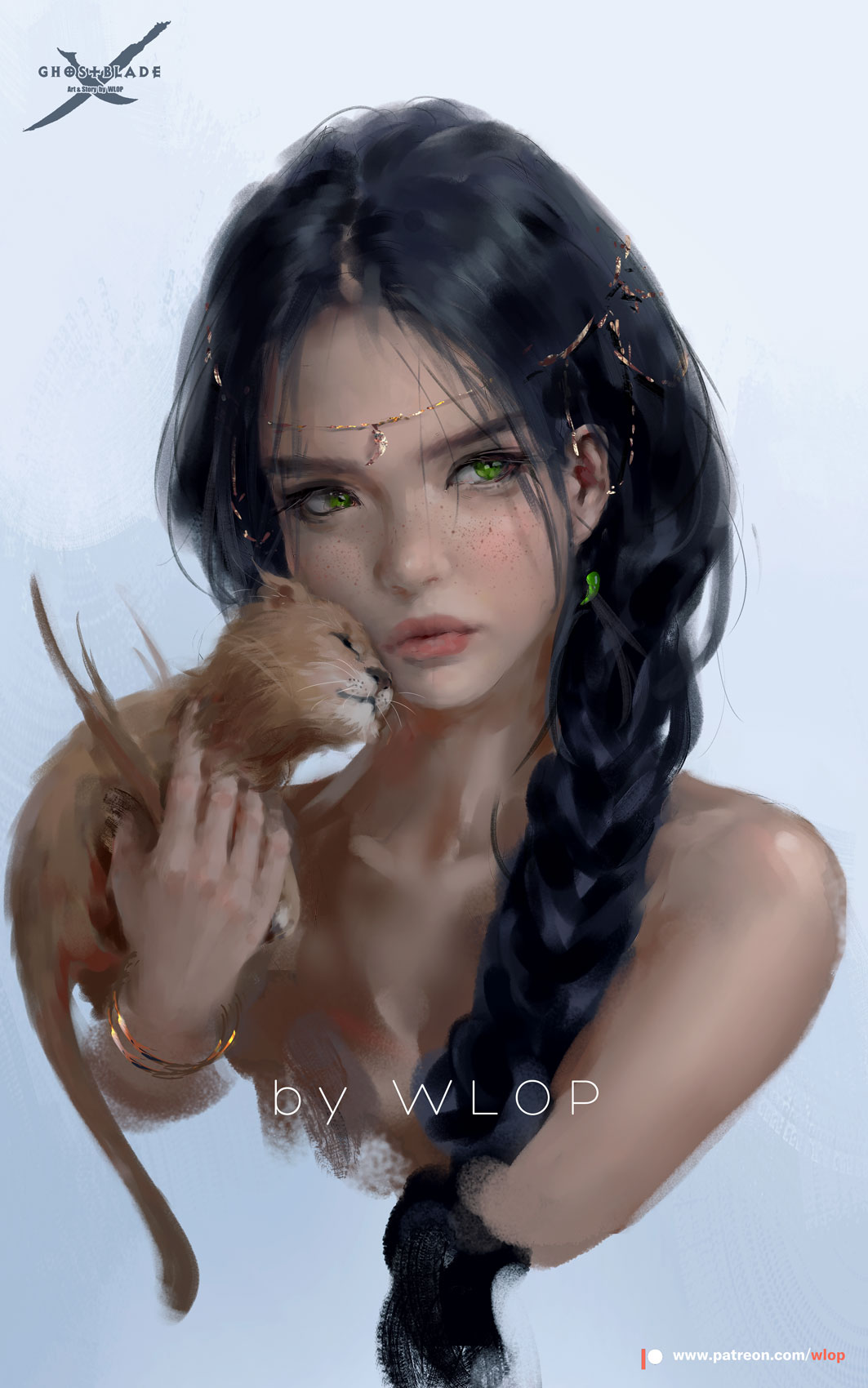 1girl animal artist_name bare_shoulders black_hair bracelet braid breasts collarbone commentary copyright_name ghostblade gold_bracelet green_eyes hair_ornament highres holding holding_animal jewelry long_hair looking_at_viewer parted_lips patreon_username simple_background wlop