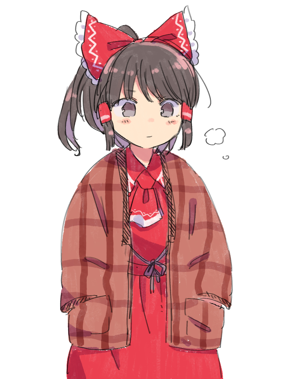 1girl bangs black_hair bow brown_jacket eyebrows_visible_through_hair grey_eyes hair_bow hakurei_reimu highres jacket long_sleeves pleated_skirt ponytail red_bow red_neckwear red_skirt red_vest sasa_kichi short_hair simple_background skirt solo touhou upper_body vest white_background