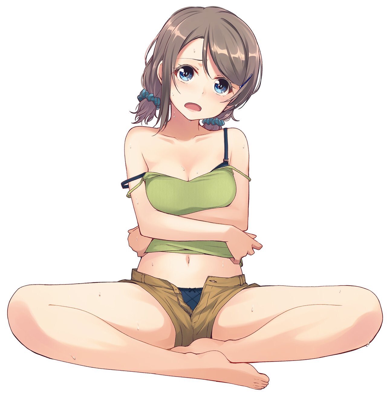 1girl bangs bare_legs barefoot blue_bra blue_eyes blue_panties bra breast_hold breasts bright_pupils brown_hair camisole cleavage commentary_request crop_top crossed_arms full_body hair_ornament hair_scrunchie hairclip highres indian_style love_live! love_live!_sunshine!! low_twintails medium_breasts midriff nanotsuki navel open_mouth open_pants panties scrunchie short_shorts short_twintails shorts simple_background single_sidelock sitting solo strap_slip sweat swept_bangs twintails underwear watanabe_you white_background