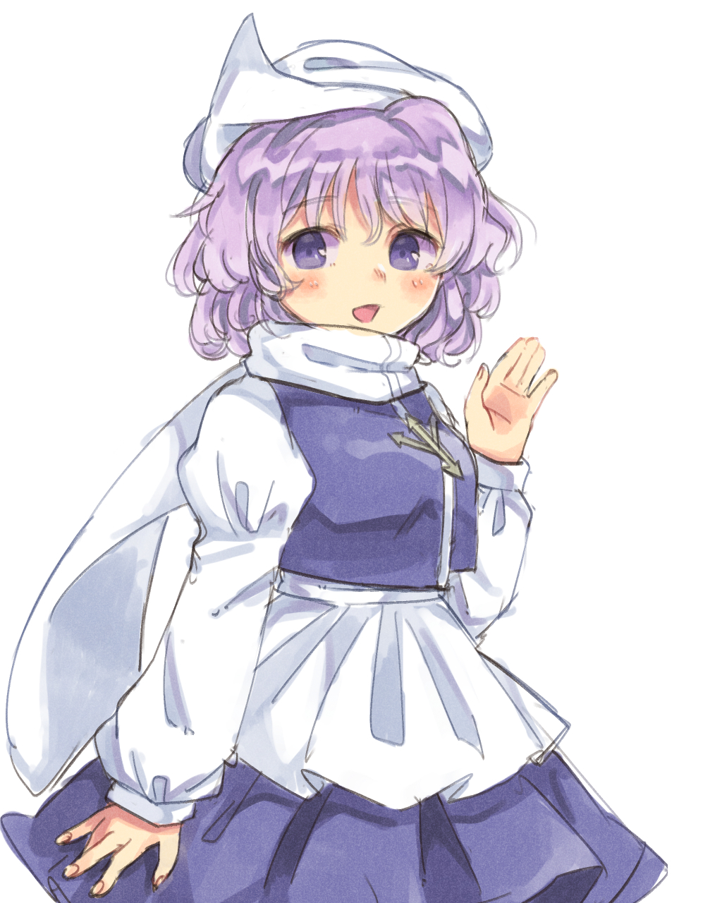 1girl :d apron blue_vest blush commentary_request eyebrows_visible_through_hair fingernails hand_up hat highres letty_whiterock open_mouth puffy_short_sleeves puffy_sleeves purple_skirt sasa_kichi short_sleeves simple_background skirt smile solo touhou vest waist_apron waving white_background