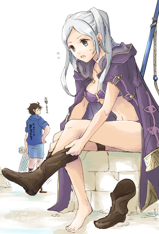 1boy 1girl bikini brown_hair female_my_unit_(fire_emblem:_kakusei) fire_emblem fire_emblem:_kakusei fire_emblem_heroes footwear_removed frederik_(fire_emblem) from_behind holding looking_back my_unit_(fire_emblem:_kakusei) net o-ring o-ring_bikini open_mouth robaco robe short_hair short_sleeves shorts simple_background sitting swimsuit twintails white_background white_hair