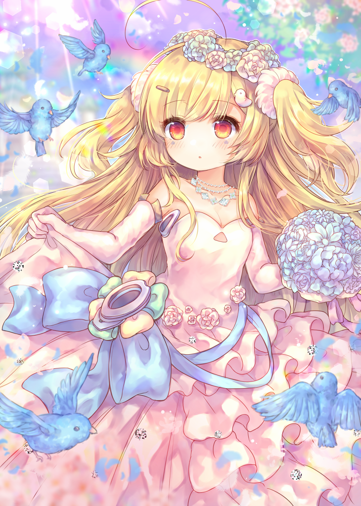 1girl ahoge animal azur_lane bare_shoulders bird blonde_hair blue_bow blue_flower blue_rose bluebird blush bouquet bow breasts character_request cleavage commentary_request day dress elbow_gloves facial_mark flower gloves hair hair_ornament hair_scrunchie holding holding_bouquet layered_dress long_hair outdoors pink_dress pink_gloves pink_scrunchie pjrmhm_coa red_eyes rose scrunchie skirt_hold sky small_breasts solo strapless strapless_dress sunlight two_side_up very_long_hair white_flower white_rose
