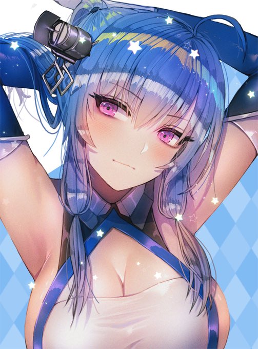 1girl ahoge armpits arms_behind_head azur_lane bangs bare_shoulders blue_background blue_gloves blue_hair blush breasts checkered checkered_background cleavage closed_mouth collarbone commentary dress elbow_gloves eyebrows_visible_through_hair gloves hair_between_eyes hair_ornament hair_ribbon hanato_(seonoaiko) hand_in_hair head_tilt large_breasts light_smile long_hair looking_at_viewer ribbon sideboob sidelocks smile solo sparkle st._louis_(azur_lane) star symbol_commentary tress_ribbon upper_body violet_eyes white_gloves