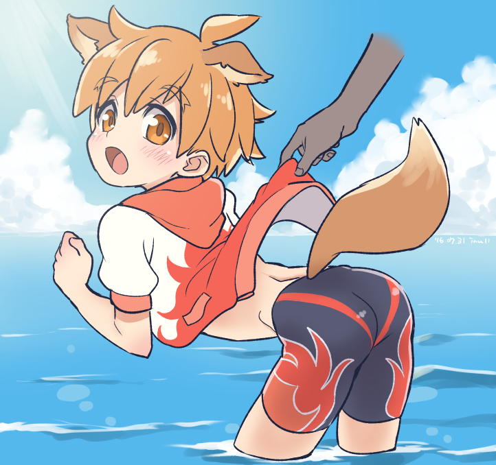 1boy animal_ears ass blush brown_eyes brown_hair dog_ears dog_tail dogboy extra_ears eyebrows_visible_through_hair forked_eyebrows hood hoodie inuzumi jammers looking_back male_focus open_mouth pop-up_story selim_spark solo_focus swimsuit tail