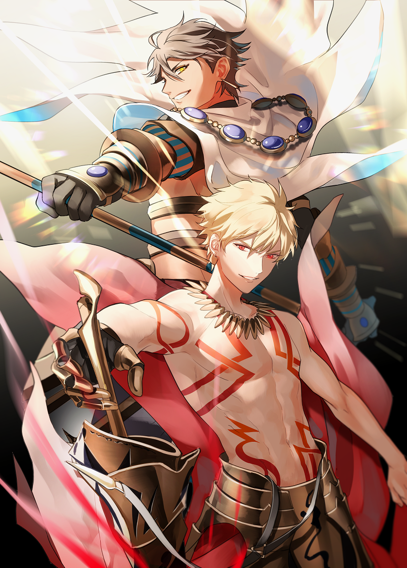 2boys armor black_gloves black_hair blonde_hair cape chest_tattoo ea_(fate/stay_night) earrings fate/grand_order fate_(series) gilgamesh gloves grin holding holding_staff jewelry looking_at_viewer male_focus multiple_boys necklace ozymandias_(fate) red_eyes shirtless single_glove smile staff takashi_(huzakenna) tattoo upper_body white_cape yellow_eyes