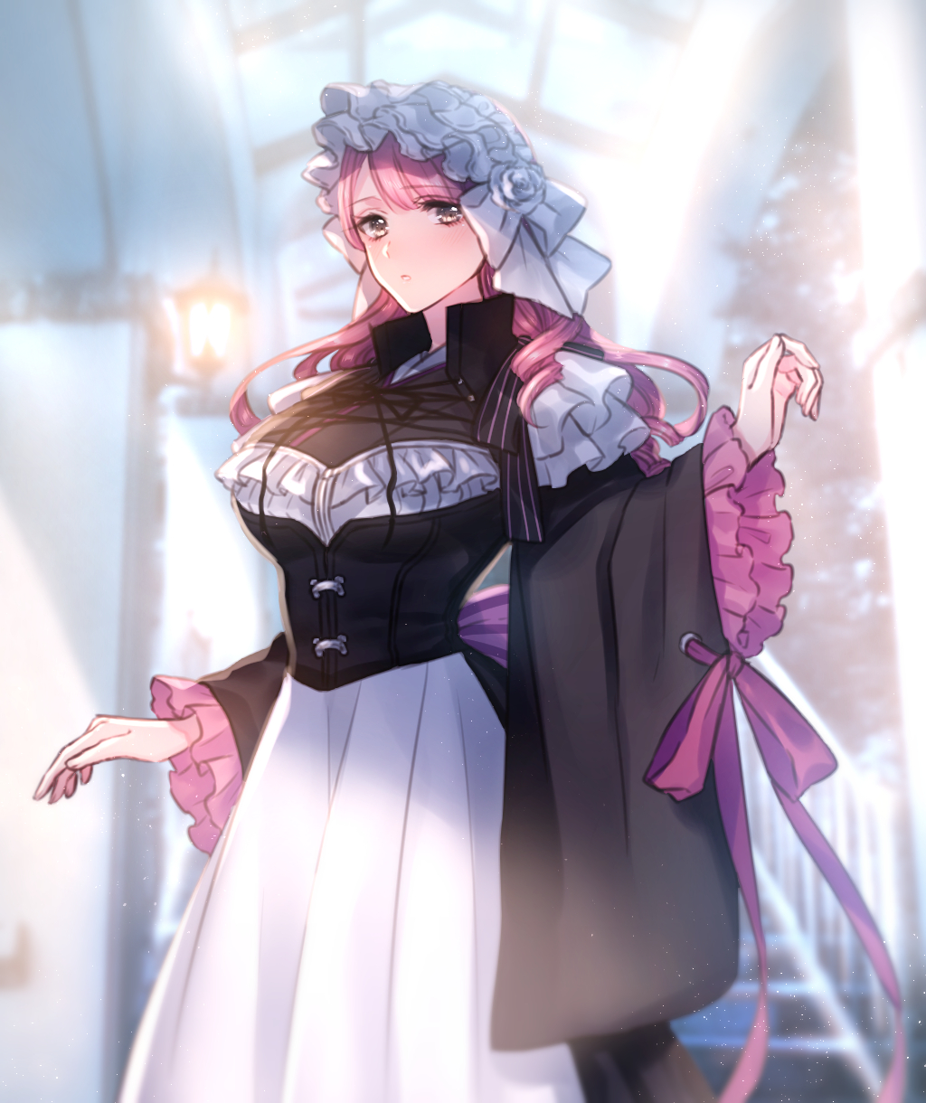 1girl bewear black_dress blurry blurry_background bow brown_eyes dress frills highres inside lantern long_hair maid_headdress moe_(hamhamham) personification pink_hair pokemon solo stairs standing white_bow wide_sleeves window