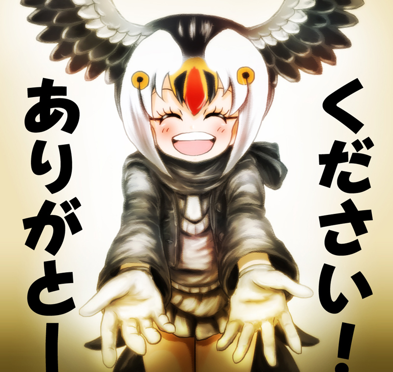 1girl ^_^ atlantic_puffin_(kemono_friends) bird_tail bird_wings black_hair black_jacket black_scarf blonde_hair buttons closed_eyes commentary_request facing_viewer gloves grey_skirt hair_between_eyes hands_up head_wings jacket kemono_friends long_sleeves medium_hair multicolored_hair necktie open_clothes open_jacket open_mouth outstretched_arms pantyhose pink_sweater reaching_out redhead scarf skirt smile solo spread_wings standing stealstitaniums sweater tail translated unbuttoned upper_body upper_teeth white_hair white_neckwear wings yellow_legwear |d