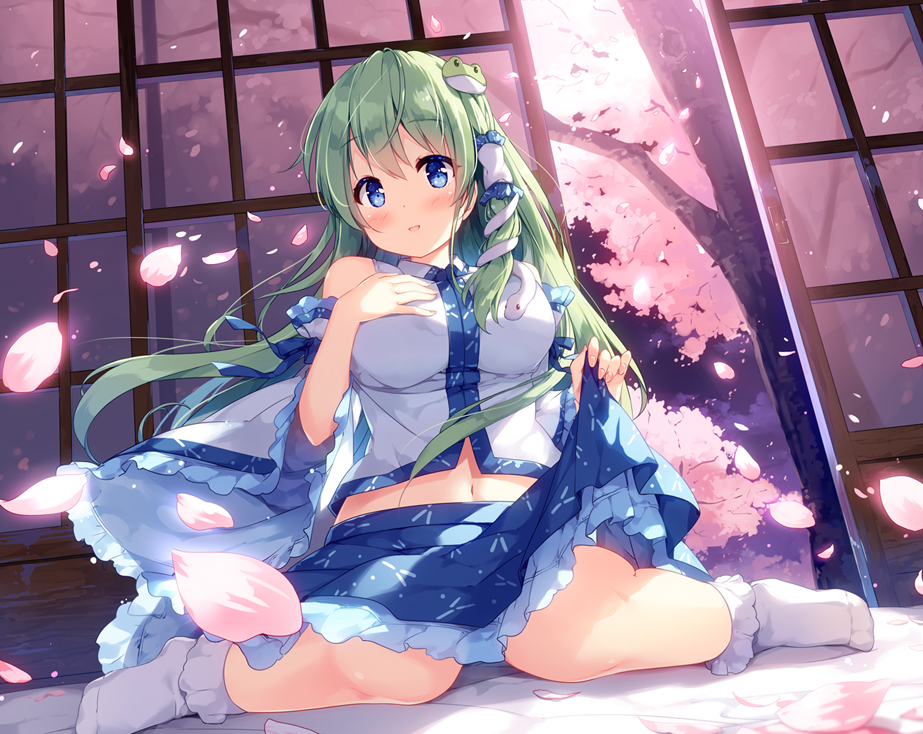 1girl arm_ribbon bare_shoulders blue_eyes blue_ribbon blue_skirt blush bobby_socks breasts cherry_blossoms commentary_request detached_sleeves eyebrows_visible_through_hair fingernails frilled_sleeves frills frog_hair_ornament from_below green_hair hair_between_eyes hair_ornament hair_tubes hand_on_own_chest kochiya_sanae large_breasts lifted_by_self long_hair long_sleeves looking_at_viewer midriff miyase_mahiro navel no_shoes parted_lips petals petticoat ribbon shirt sitting skirt skirt_lift sliding_doors smile snake_hair_ornament socks solo touhou tree wariza white_legwear white_shirt wide_sleeves wing_collar