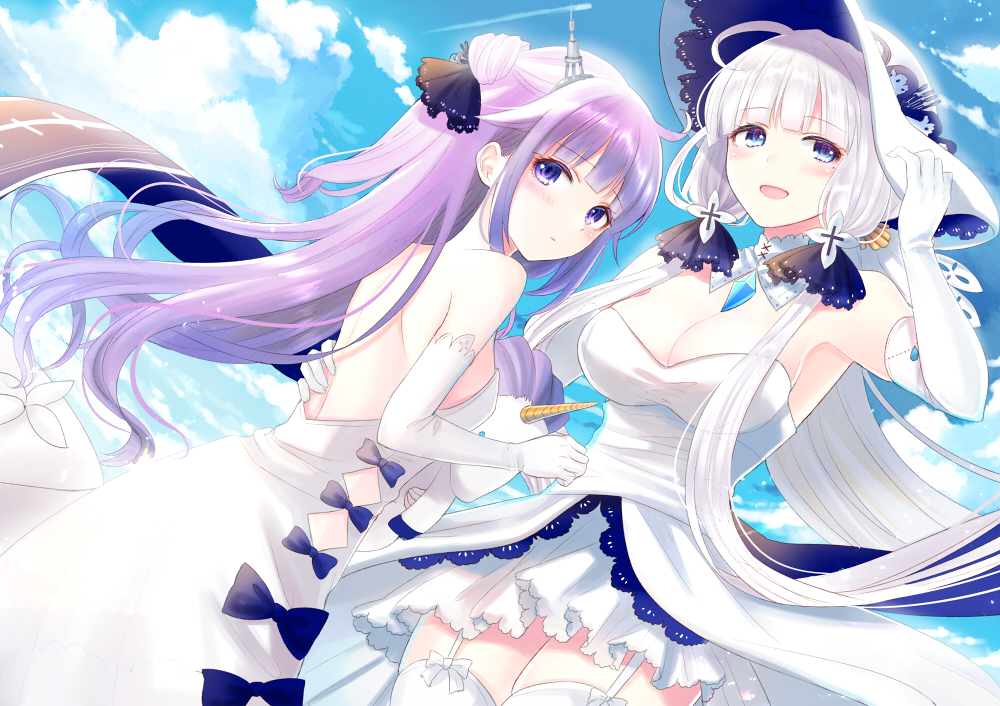 2girls arm_up azur_lane bangs bare_shoulders black_bow black_ribbon blue_eyes blue_sky bow breasts cleavage clouds cloudy_sky commentary_request day dress dutch_angle elbow_gloves eyebrows_visible_through_hair garter_straps gloves hair_bun hair_ribbon hand_on_headwear hat illustrious_(azur_lane) kashiwaba_en large_breasts long_hair multiple_girls object_hug one_side_up outdoors purple_hair ribbon side_bun silver_hair sky small_breasts strapless strapless_dress stuffed_animal stuffed_pegasus stuffed_toy stuffed_unicorn thighs unicorn_(azur_lane) very_long_hair violet_eyes white_bow white_dress white_gloves white_hat white_legwear