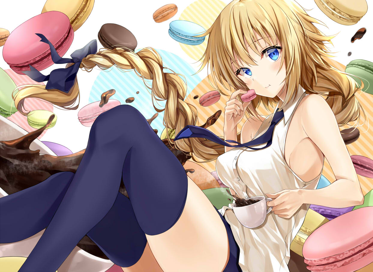 1girl bare_shoulders blonde_hair blue_eyes braid collared_shirt colored_eyelashes commentary_request cookie cup denim denim_shorts eating fate/apocrypha fate/grand_order fate_(series) floating_hair food food_background from_side jeanne_d'arc_(fate) jeanne_d'arc_(fate)_(all) kakao_rantan long_braid long_hair looking_at_viewer shirt shorts single_braid sitting sleeveless sleeveless_shirt spilling teacup thigh-highs thighs very_long_hair white_shirt