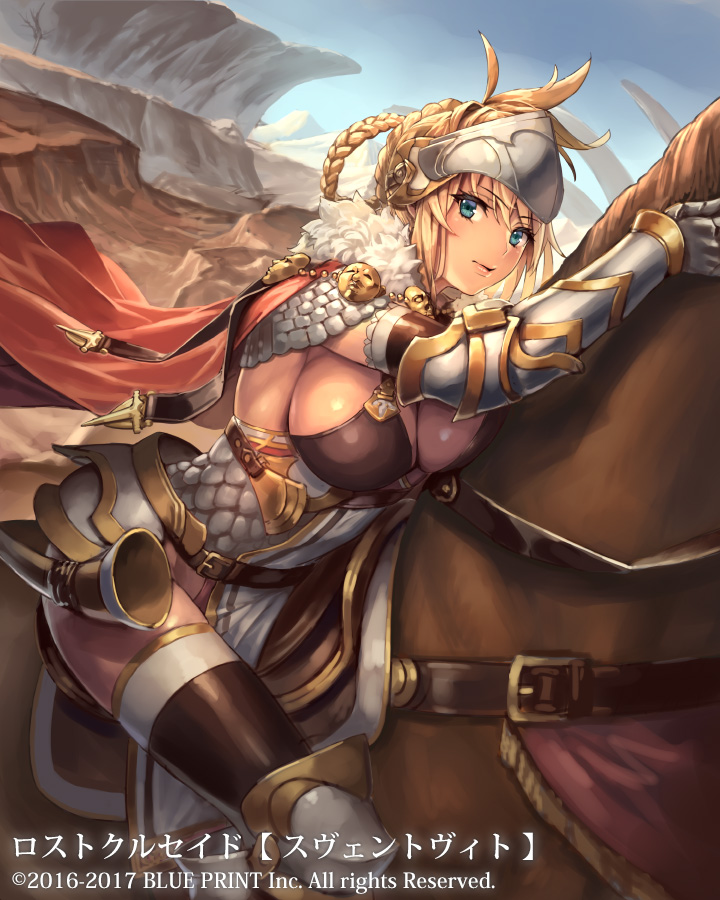 1girl armor blonde_hair blue_eyes blue_sky blush breasts cape cleavage cliff closed_mouth commentary_request copyright cuboon elbow_sleeve forehead_protector frills fur_trim gauntlets helmet horn_(instrument) horse horseback_riding large_breasts leg_armor long_hair looking_at_viewer lost_crusade midriff official_art parted_lips pelvic_curtain red_cape riding sideboob sky strap thigh-highs thighs visor