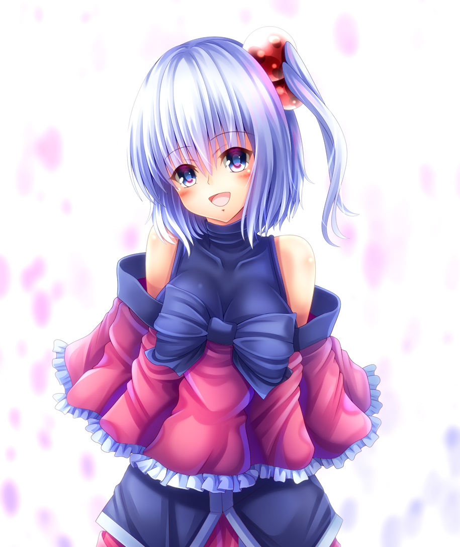 1girl :d alternate_costume alternate_hair_length alternate_hairstyle blue_eyes blush bow breasts commentary_request head_tilt large_breasts looking_at_viewer open_mouth shinki short_hair side_ponytail silver_hair smile solo touhou touhou_(pc-98) yanagi_no_ki