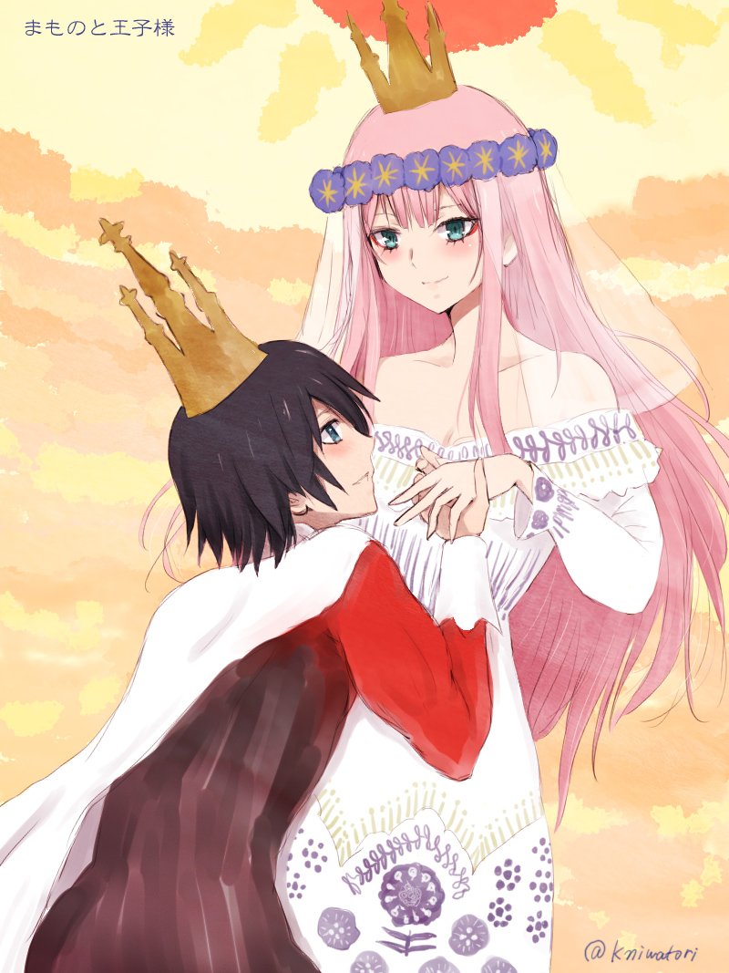 1boy 1girl bangs bare_shoulders black_hair blue_eyes blush breasts cape capelet collarbone commentary_request couple crown darling_in_the_franxx dress flower green_eyes hair_flower hair_ornament hand_holding hetero hiro_(darling_in_the_franxx) long_hair looking_at_another medium_breasts niwatori_kokezou pink_hair short_hair signature translated veil white_capelet white_dress zero_two_(darling_in_the_franxx)