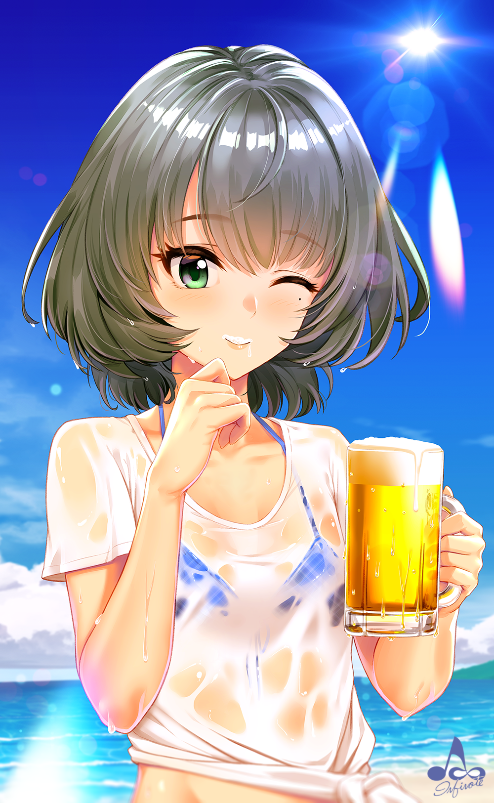 1girl alcohol artist_name bangs beach beer beer_mug bikini_top blush breasts brown_hair clouds front-tie_top green_eyes highres holding idolmaster idolmaster_cinderella_girls infinote lens_flare mole mole_under_eye ocean one_eye_closed outdoors shirt short_hair sky small_breasts smile solo sun takagaki_kaede upper_body wet wet_clothes wet_hair wet_shirt