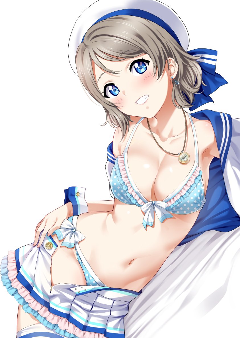 1girl blue_eyes blue_sailor_collar blush bra breasts brown_hair commentary_request eyebrows_visible_through_hair hat looking_at_viewer love_live! love_live!_sunshine!! lying medium_breasts navel on_side panties polka_dot rozen5 sailor sailor_collar sailor_hat short_hair simple_background skirt smile solo underwear undressing watanabe_you white_background white_hat white_skirt
