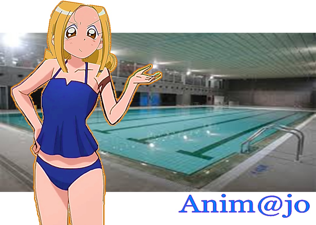 1girl ahoge bikini blonde_hair brown_eyes female hand_on_hip long_hair ojamajo_doremi pool rei_no_pool ryunnu smile solo swimsuit tamaki_reika