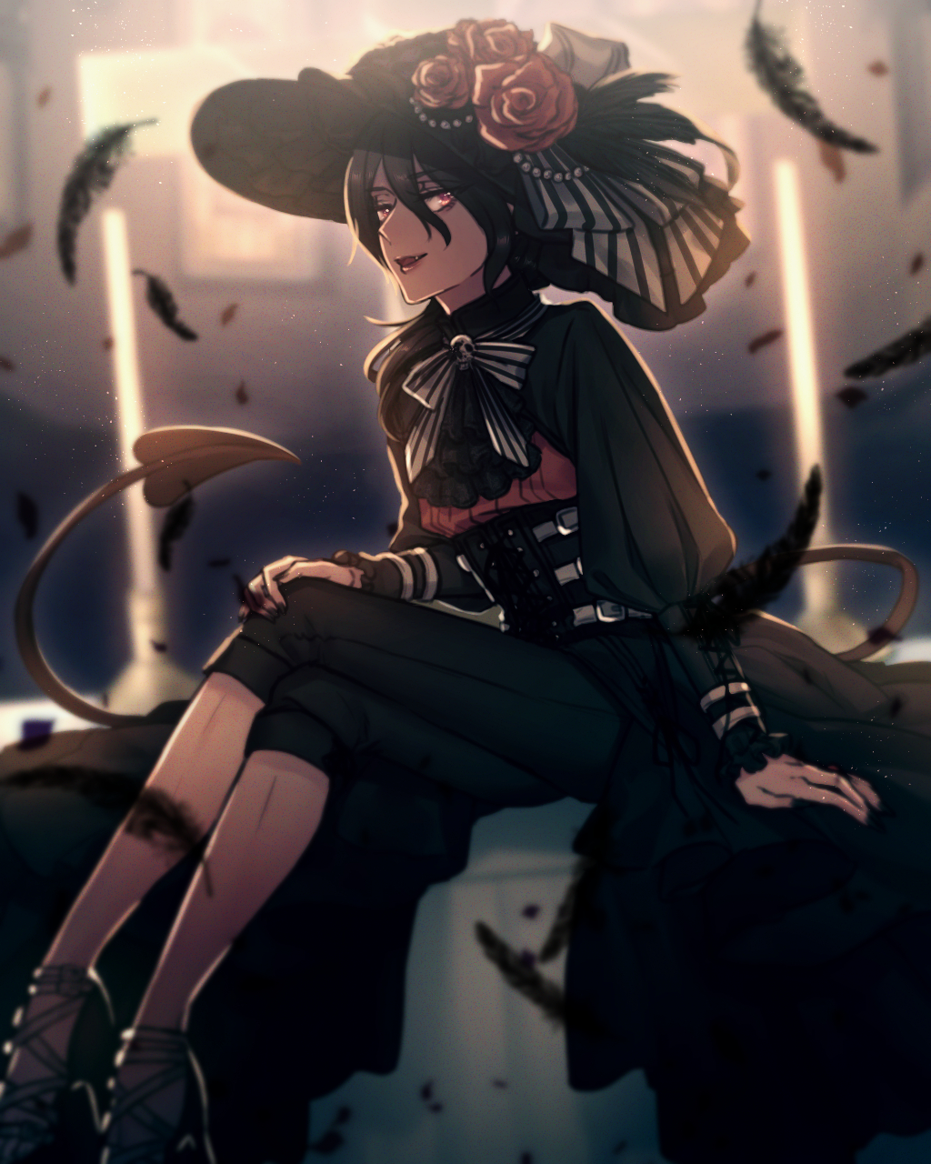 1girl :d black_feathers black_hair black_hat black_nails black_pants blurry blurry_background corset fang flower hat hat_feather hat_flower high_heels highres houndoom indoors invisible_chair long_hair long_sleeves moe_(hamhamham) nail_polish open_mouth pants personification pokemon red_eyes sitting smile solo tail