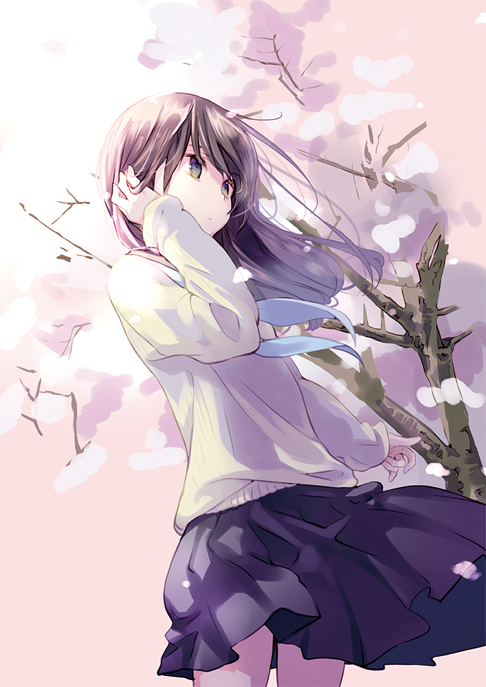 1girl black_skirt brown_hair cherry_blossoms closed_mouth commentary_request cowboy_shot floating_hair from_side grey_sweater hair_tucking hand_up kuga_tsukasa long_sleeves original school_uniform serafuku skirt solo standing sweater tree wind wind_lift