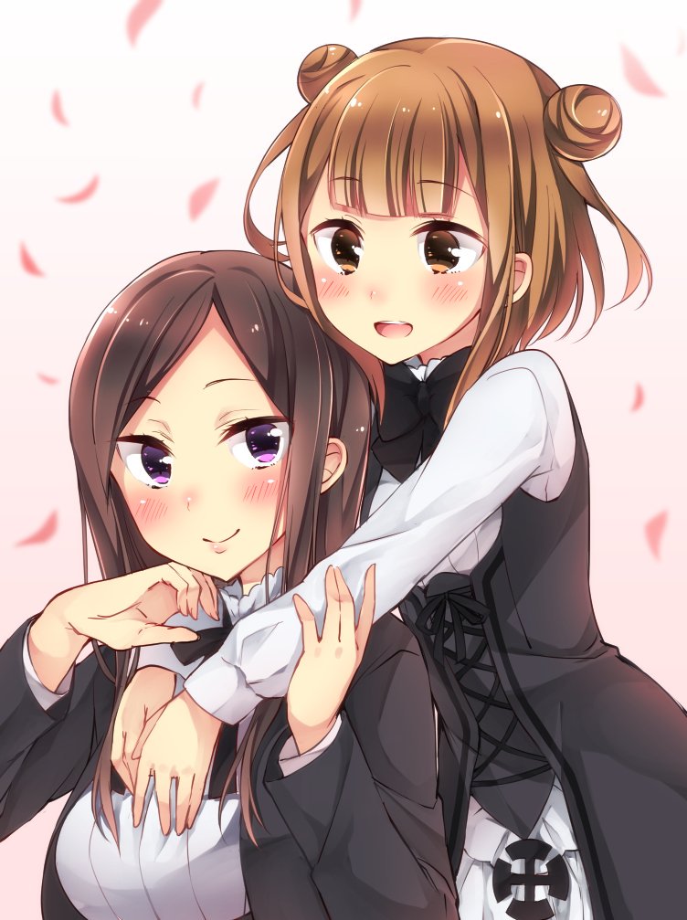 2girls :d beatrice_(princess_principal) black_neckwear black_ribbon blush brown_eyes brown_hair closed_mouth dorothy_(princess_principal) double_bun eyebrows_visible_through_hair gradient gradient_background long_hair long_sleeves looking_at_viewer multiple_girls neck_ribbon open_mouth outstretched_arms petals princess_principal ribbon school_uniform sk02 smile violet_eyes