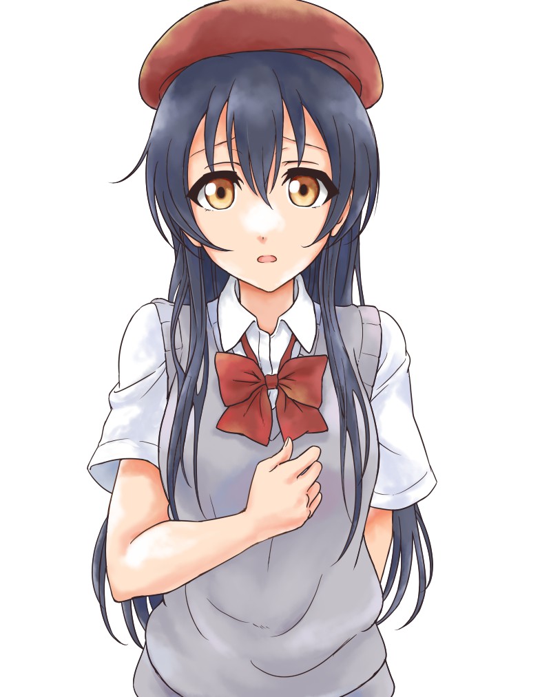 1girl bangs blue_hair commentary_request hair_between_eyes hat long_hair looking_at_viewer love_live! love_live!_school_idol_project open_mouth solo sonoda_umi tetopetesone yellow_eyes