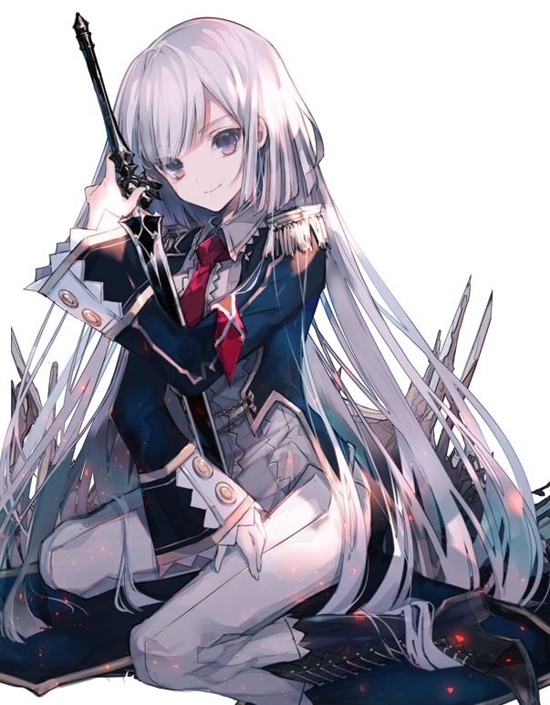 1girl blue_jacket boots cierra_(ra-bit) commentary_request epaulettes high_heel_boots high_heels holding holding_sword holding_weapon jacket kneeling long_hair looking_at_viewer necktie novel_illustration original pants red_neckwear simple_background smile solo sword very_long_hair weapon white_background white_hair white_pants