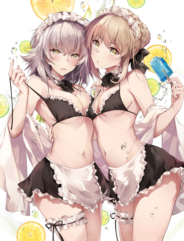 2girls artoria_pendragon_(all) artoria_pendragon_(swimsuit_rider_alter) artoria_pendragon_(swimsuit_rider_alter)_(cosplay) asymmetrical_docking bangs bikini black_bikini black_skirt blonde_hair blush bow bowtie breast_press breasts collarbone commentary_request cosplay cowboy_shot eyebrows_visible_through_hair fate/grand_order fate_(series) food fruit fruit_background hair_between_eyes hair_bow head_tilt hirai_yuzuki ice_cream jeanne_d'arc_(alter)_(fate) jeanne_d'arc_(fate)_(all) large_breasts lemon looking_at_viewer maid_bikini midriff miniskirt multiple_girls navel open_mouth saber_alter short_hair sidelocks silver_hair skirt strap_pull swimsuit thigh_strap twitter_username yellow_eyes