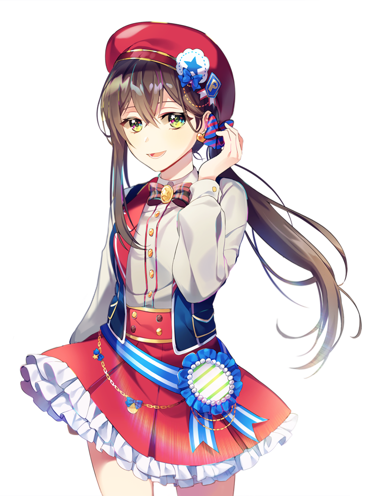 1girl :d alternate_hairstyle bang_dream! bangs beret blue_bow blue_ribbon blue_vest bow chain cowboy_shot crossed_bangs earrings gold_chain green_eyes hair_bow hanazono_tae hand_up hat hat_bow heart heart_earrings jewelry long_sleeves looking_at_viewer minori_(faddy) open_mouth plaid_neckwear ponytail red_headwear red_neckwear red_skirt ribbon shirt simple_background skirt smile solo striped striped_bow striped_ribbon vest white_background white_shirt