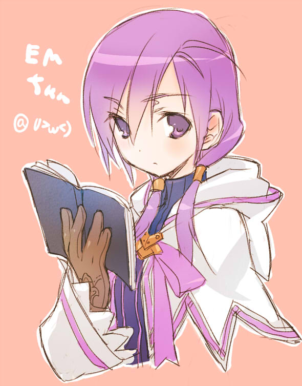 1girl aisha_(elsword) blush book elemental_master_(elsword) elsword eyebrows_visible_through_hair gloves hood hoodie purple_hair ribbon sketch violet_eyes wanko_(takohati8)