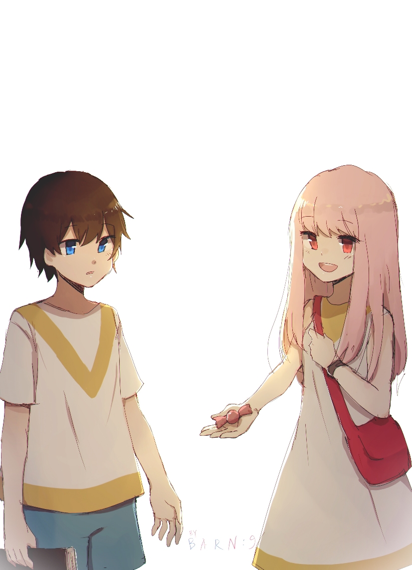 1boy 1girl bag bangs bare_shoulders benelle black_hair blue_eyes blue_shorts blush book candy commentary couple darling_in_the_franxx dress eyebrows_visible_through_hair food handbag hetero hiro_(darling_in_the_franxx) holding holding_book holding_candy long_hair pink_hair red_eyes shirt short_hair short_sleeves shorts signature sleeveless sleeveless_dress spoilers white_dress white_shirt younger zero_two_(darling_in_the_franxx)