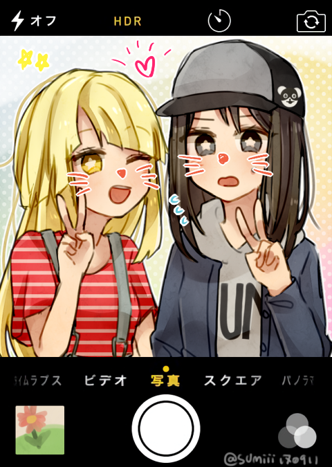 19km_(grllkmlww) 2girls bang_dream! bangs baseball_cap black_eyes black_hair blonde_hair blue_jacket cellphone_picture character_hair_ornament eyebrows_visible_through_hair fake_screenshot flying_sweatdrops grey_hoodie hair_ornament hat heart hood hood_down jacket long_hair long_sleeves looking_at_viewer medium_hair michelle_(bang_dream!) multiple_girls okusawa_misaki red_shirt shirt short_sleeves star star-shaped_pupils striped striped_shirt suspenders sweatdrop symbol-shaped_pupils tsurumaki_kokoro upper_body v whisker_markings yellow_eyes