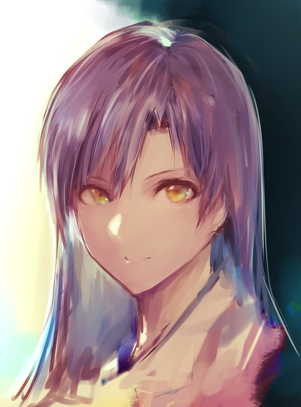 1girl bangs black_background closed_mouth highres hometa idolmaster idolmaster_(classic) kisaragi_chihaya long_hair looking_at_viewer portrait purple_hair smile solo two-tone_background white_background yellow_eyes