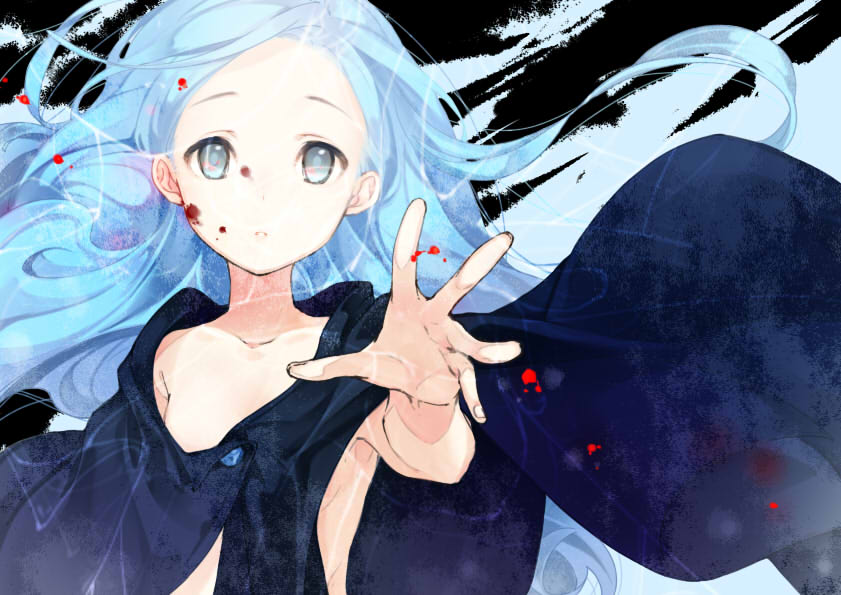 1girl blood blood_on_face blue_eyes blue_hair cape commentary_request fingernails flat_chest kunagisa_tomo kuusou_ryodan long_hair looking_at_viewer outstretched_arm parted_lips reaching_out solo upper_body wind zaregoto_series