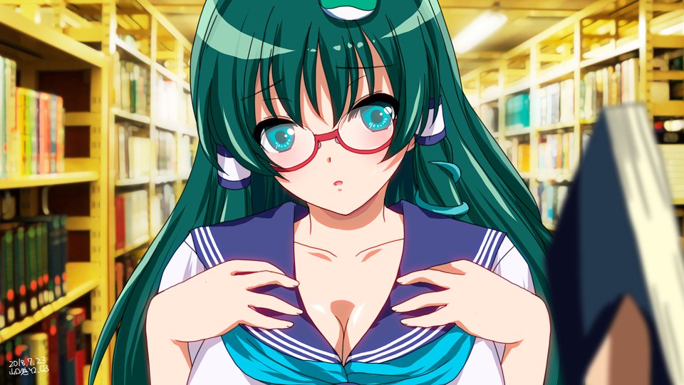 1girl alternate_costume alternate_outfit blue_eyes blush book_shelves books breast collar_bone frog glasses green_hair hair_accessories hair_tube hands_on_breasts kochiya_sanae library lights long_hair neckerchief open_mouth school_uniform seifuku snake touhou yamaguchi_yuu