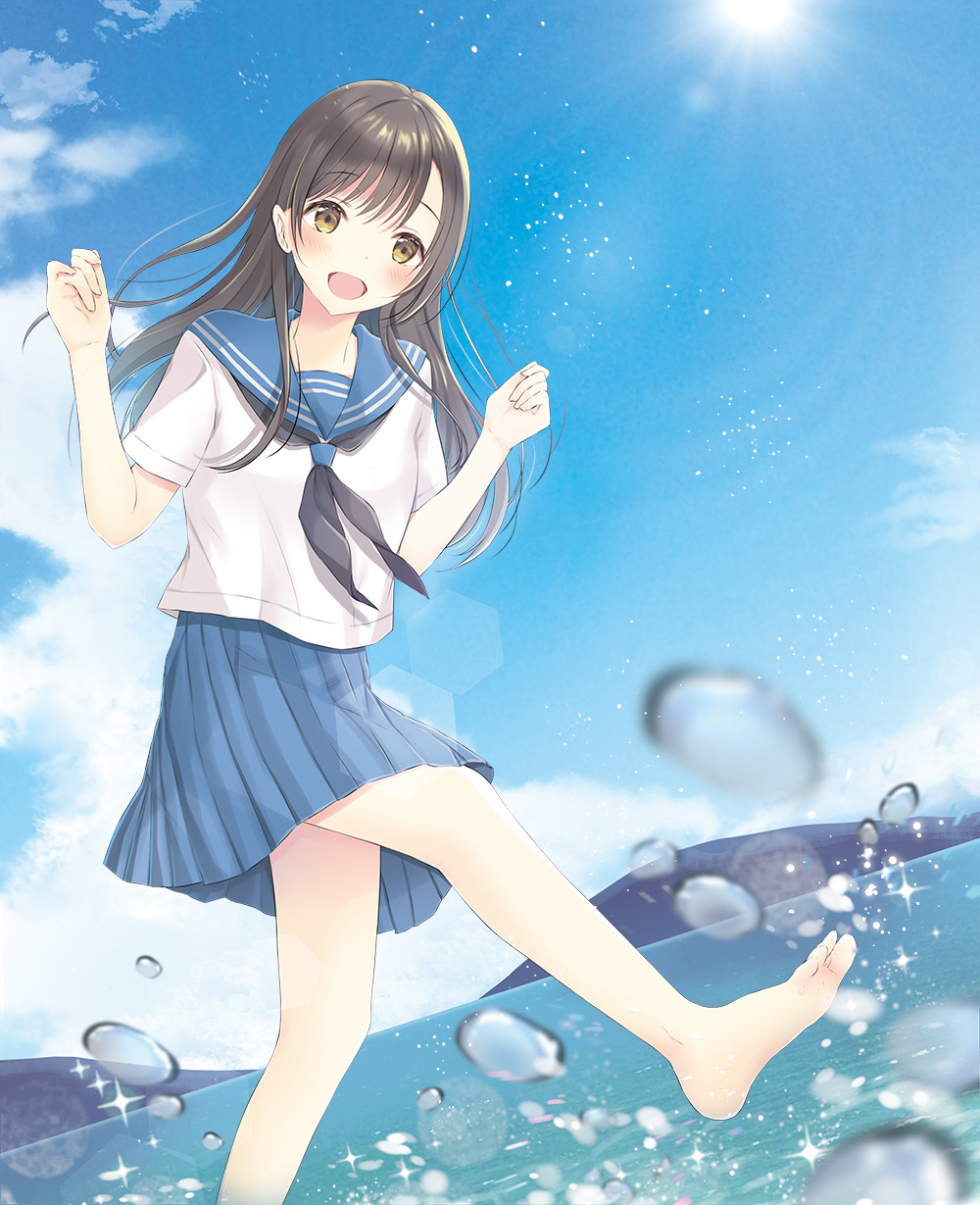 1girl :d bangs barefoot black_neckwear blue_sailor_collar blue_skirt blue_sky blurry blurry_foreground blush brown_eyes brown_hair clouds commentary_request day depth_of_field dutch_angle eyebrows_visible_through_hair hair_between_eyes hands_up highres horizon long_hair looking_at_viewer neckerchief open_mouth original outdoors pleated_skirt sailor_collar school_uniform serafuku shirt short_sleeves skirt sky smile soles solo sparkle standing standing_on_one_leg sun sunlight ueno_tomo water water_drop white_shirt