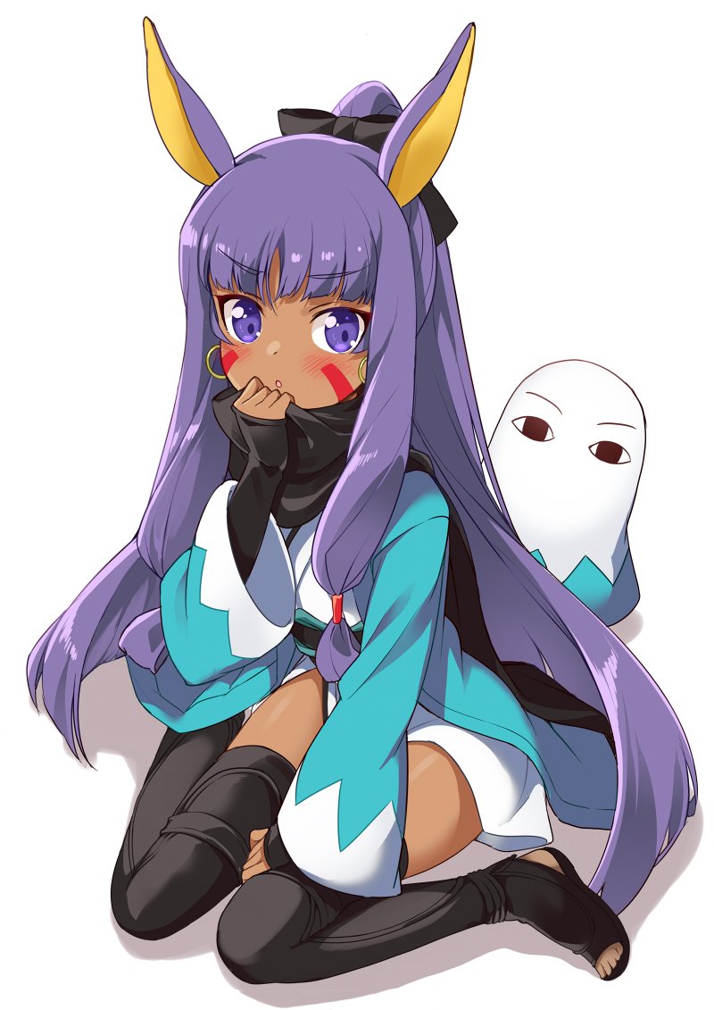 1girl animal_ears bangs black_bow black_legwear black_scarf blue_kimono blunt_bangs blush bow dark_skin earrings egyptian eyebrows_visible_through_hair facepaint facial_mark fate/grand_order fate_(series) hair_bow hoop_earrings jackal_ears japanese_clothes jewelry kimono long_hair long_sleeves looking_at_viewer low-tied_long_hair medjed mitsuki_meiya nitocris_(fate/grand_order) nitocris_(swimsuit_assassin)_(fate) ponytail purple_hair scarf sidelocks simple_background sitting very_long_hair violet_eyes wariza white_background wide_sleeves