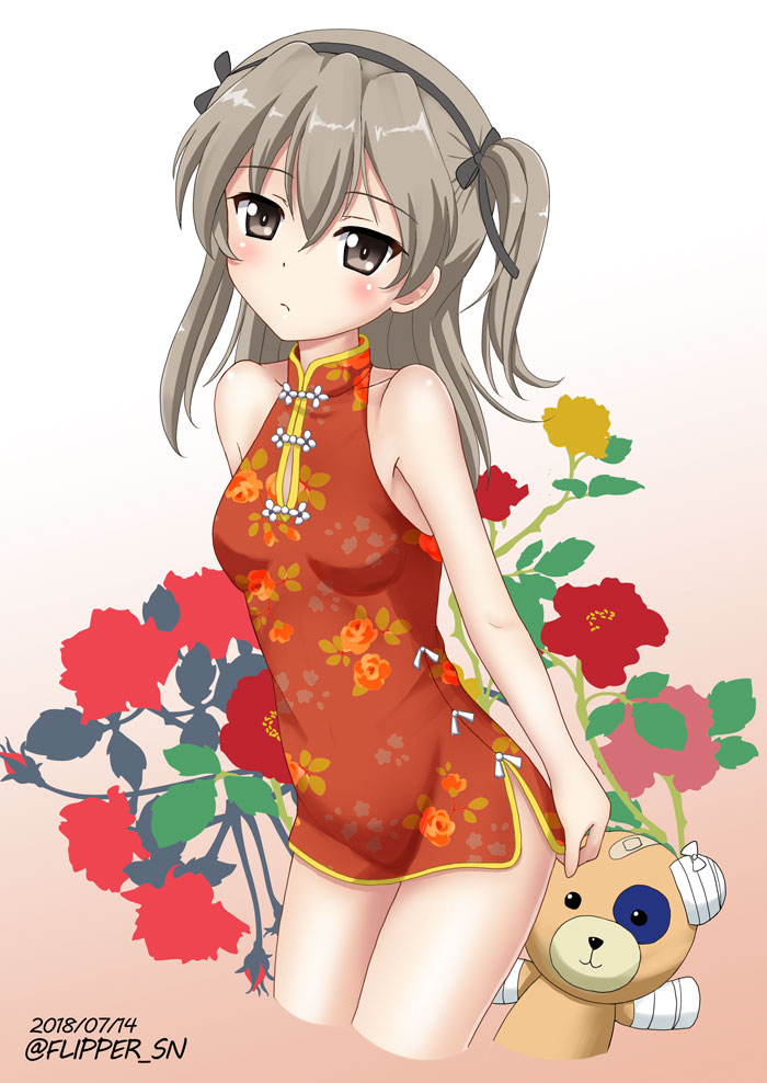 1girl bandage bandaid bangs black_ribbon boko_(girls_und_panzer) brown_eyes china_dress chinese_clothes commentary_request dated dress eyebrows_visible_through_hair flipper floral_background floral_print girls_und_panzer gradient hair_ribbon head_tilt leaning_forward light_brown_hair long_hair looking_at_viewer microdress parted_lips pink_background print_dress red_eyes ribbon shimada_arisu side_ponytail sleeveless sleeveless_dress solo standing stuffed_animal stuffed_toy teddy_bear twitter_username