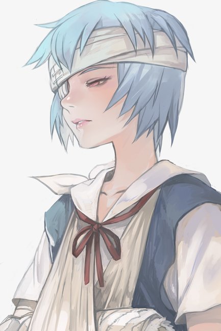 1girl ayanami_rei bandage bandage_over_one_eye bandaged_arm bandages bangs blue_hair eyepatch half-closed_eye hankuri injury lips neon_genesis_evangelion parted_lips red_eyes red_ribbon ribbon school_uniform short_hair short_sleeves simple_background solo upper_body white_background