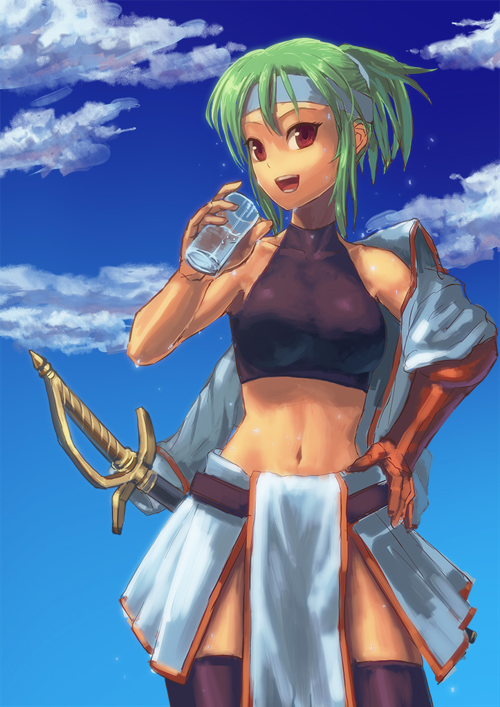 1girl abs bare_shoulders black_legwear blue_sky brown_gloves clouds cuboon cup drink gloves green_hair hand_on_hip headband holding_drink looking_at_viewer midriff open_mouth original red_eyes short_hair sky solo sweat sword tan thigh-highs undressing weapon