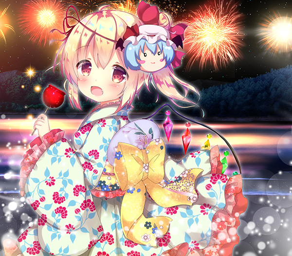 1girl :d aerial_fireworks bangs blonde_hair blush bow candy_apple commentary_request crystal eyebrows_visible_through_hair fang fireworks flandre_scarlet floral_print food frilled_sleeves frills hair_between_eyes hand_up holding holding_food japanese_clothes kimono lake long_hair long_sleeves looking_at_viewer looking_to_the_side mask mask_on_head night night_sky obi open_mouth outdoors print_kimono red_eyes remilia_scarlet rikatan sash side_ponytail sky smile solo star_(sky) starry_sky touhou water white_kimono wide_sleeves wings yellow_bow yukata